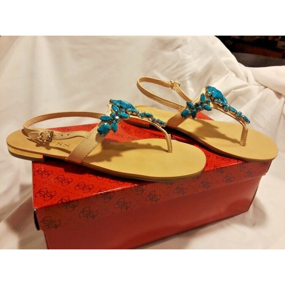 NWT and Box Guess Foxeyy3 Turquoise Gem T-Strap flat Natural Sandals -Size 6M